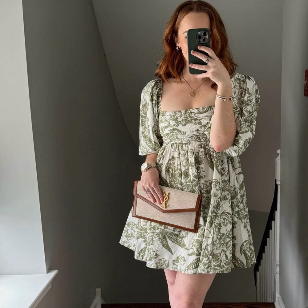 NWT Abercrombie & Fitch Poplin Puff Sleeve Mini Dress, green/white, small
